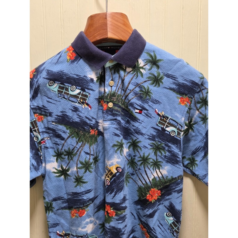 Tommy Hilfiger Polo Shirt Mens Large Blue Tropical Hawaiian Beach Print Cotton